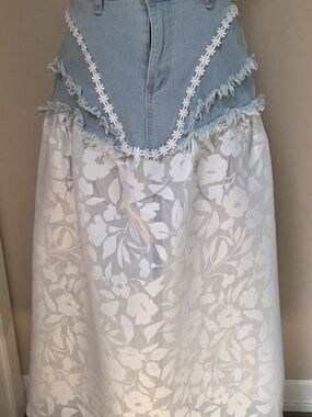 One Of A Kind Denim and White Floral Maxi Skirt